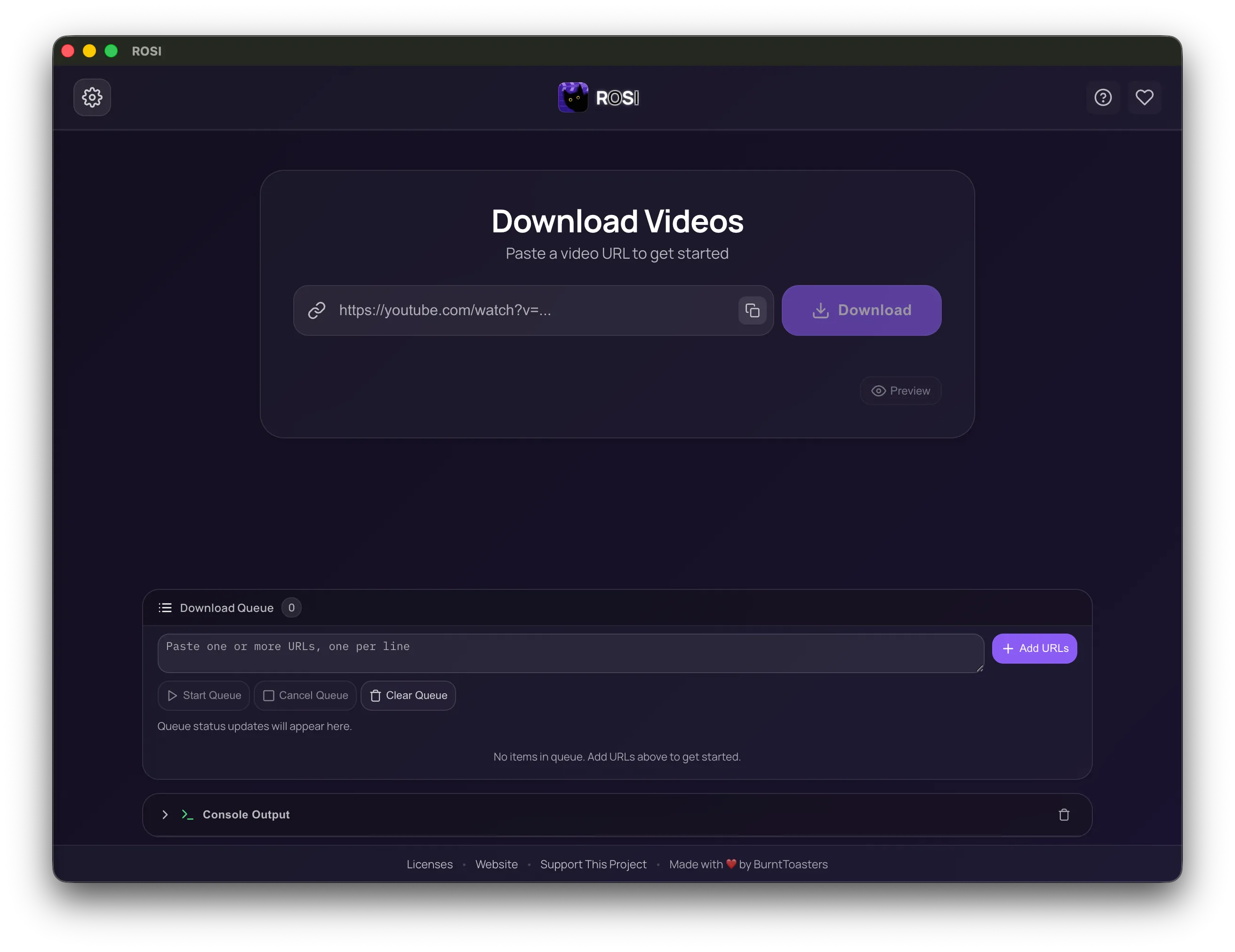The ROSI desktop app with a download in progress